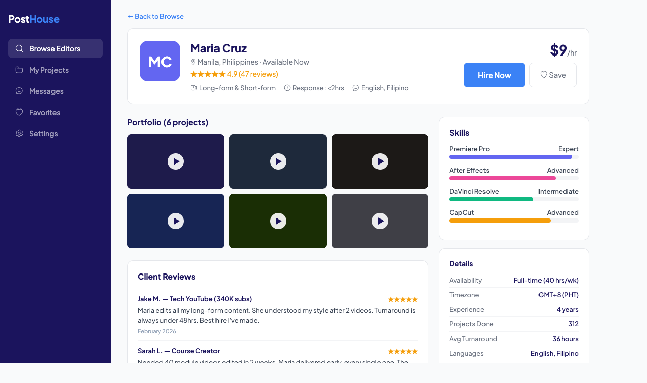 PostHouse Editor Profile View